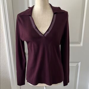 Calvin Klein Plum V-Neck Sequined  Sweater Aubergine Collared Fine Gauge Knit